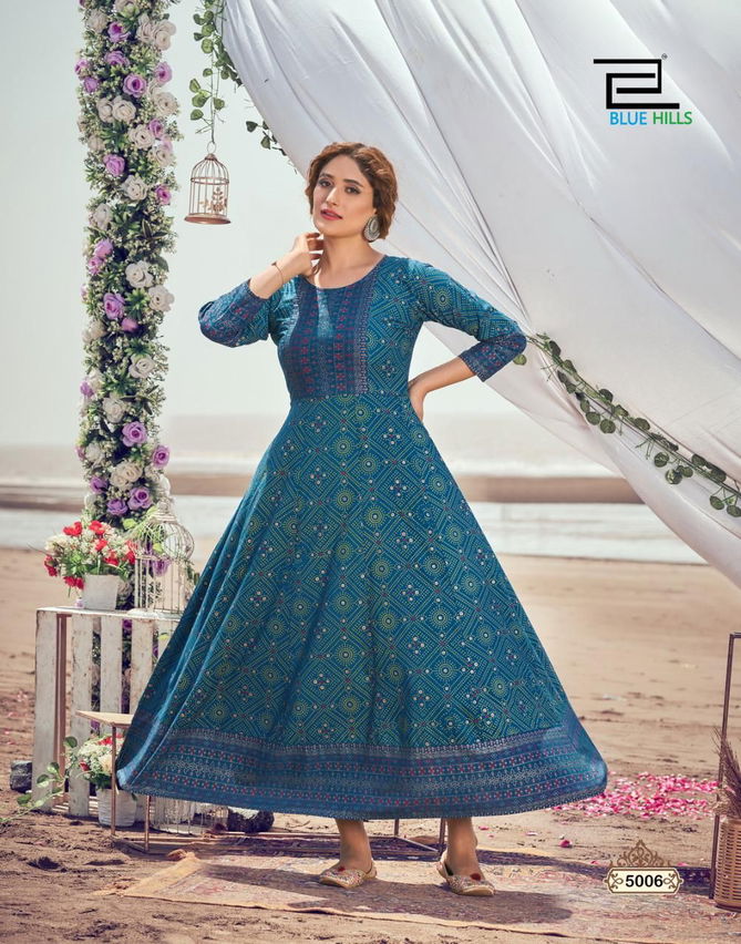 Blue Hills Up To Date 5 Rayon Printed Festive Wear Designer Long Kurti Collection